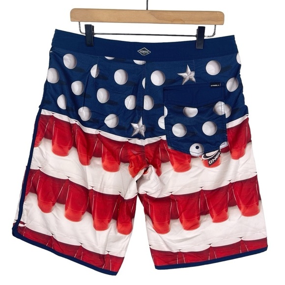 Oneill Hyperfreak Boardshorts Mens 33 x Beer Pong Print USA America Stretch Red - Picture 4 of 7
